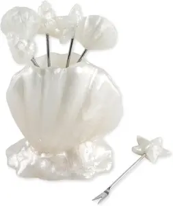 Supreme Housewares Seashell Cocktail Picks Set with Holder, Reusable Appetizer Forks for Cheese, Fruit, Snacks, Party or Bar Use, Polyresin Holder and 6 Pack Stainless Steel Picks