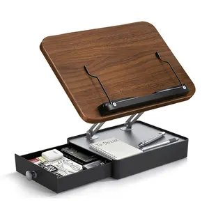 Book Stand with Storage Drawer, Adjustable Wooden Reading Stand for Desk, Ergonomic Height & Angle Book Holder for Textbooks, Cookbooks, Documents, Sheet Music (Walnut Finish, 9.8" x 13.8" Panel)