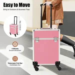Large-Capacity Collapsible Tray Cosmetic Storage Case, Durable Makeup Organizer with Removable Wheels, 3-Position Telescopic Rod, Aluminum Alloy for Makeup Artists & Travel