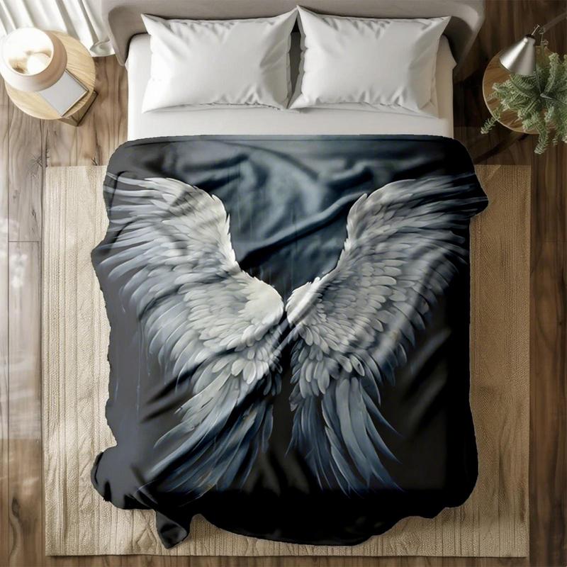 1 piece White angel wings beautiful feather design themed flannel blanket - Oversized fluffy warm sofa blanket, suitable for beds and sofas, modern geometric pattern design, all-season use, digital printing, 100% polyester material, machine