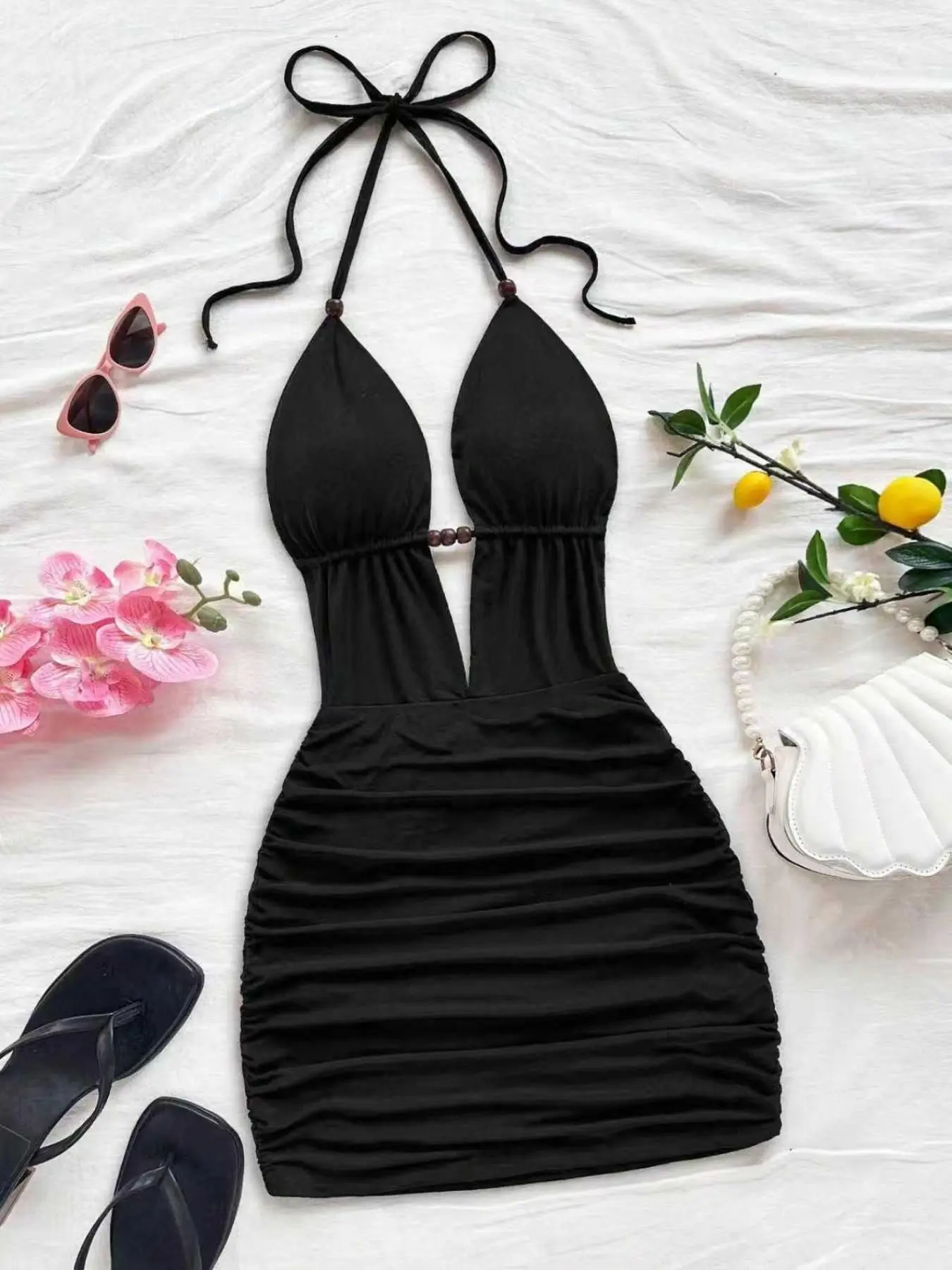Summer Women's Floral Wood Bead Dress, Sexy Halter Tie Front Style, Slim Fit, Plain Color, Casual Beach Party, Casual Wear