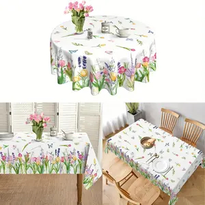 EastJia Made in USA 1Pc Polyester Rectangle Tablecloth, Lavender Tulip Butterfly Print, Pink Purple Yellow Cover, Reusable Washable Stain-Resistant Wrinkle-Free, Ideal for Home Kitchen & Party Decor, Perfect Gift
