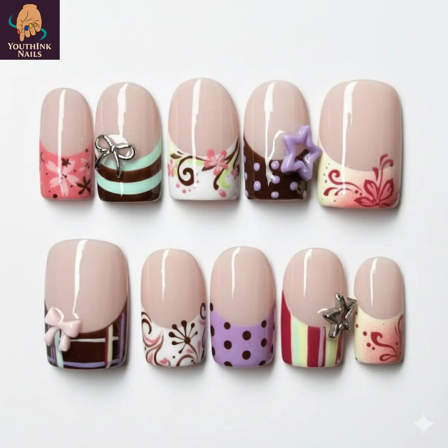 Pastel Chocolate Cute Press On Nails, Nude Pink Base with Bow, Star & Polka Dot Design, Handmade Reusable Nail Set for Everyday Look