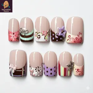Pastel Chocolate Cute Press On Nails, Nude Pink Base with Bow, Star & Polka Dot Design, Handmade Reusable Nail Set for Everyday Look