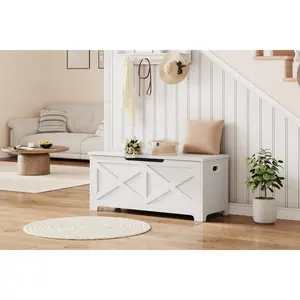 Large Wooden Storage Bench with Safety Hinge, Farmhouse Lift-Top Storage Chest, Multipurpose Toy Shoe Trunk Organizer for Entryway Bedroom Living Room, Easy Assembly, White
