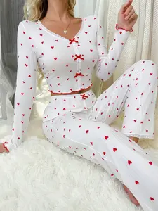 Two-piece Set Women's Heart Print Lettuce Trim Pyjama Set, Casual Comfy Bow Front V Neck Long Sleeve Top & Pants Pj Set, Women's Sleepwear & for Spring & Fall, Pajama Set