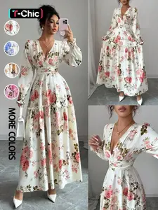 Women's Floral Print Dress, French Romantic Design, Ruched Cuffs, Lantern Sleeves, Slimming Waist, Long Maxi Dress for Spring & Fall, Casual Dress