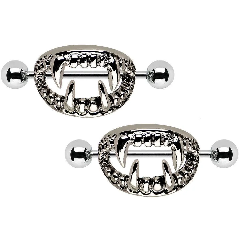 Scary Fangs Shape Nipple Shield Set, 14G, 18mm, with Teeth Detail, Halloween Costume Body Jewelry, Unisex