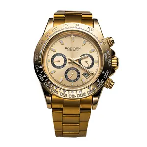 Men’s  Automatic Sports Watch, Gold Daytona Style Chronograph with Tachymeter, 50M Waterproof Mechanical Wristwatch with Gold Stainless Steel Bracelet
