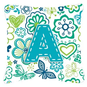 Carolines Treasures  Letter A Flowers And Butterflies Teal Blue Canvas Fabric Decorative Pillow
