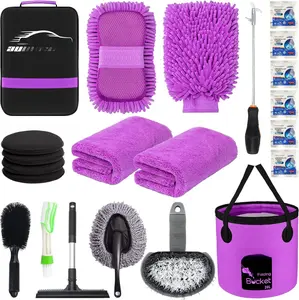 22 count  Wash Cleaning Tools Kit  Detailing Set with Canvas Bag Purple Collapsible Bucket Wash Mitt Sponge Towels Tire Brush Window Scraper Duster Complete Interior  Care Kit