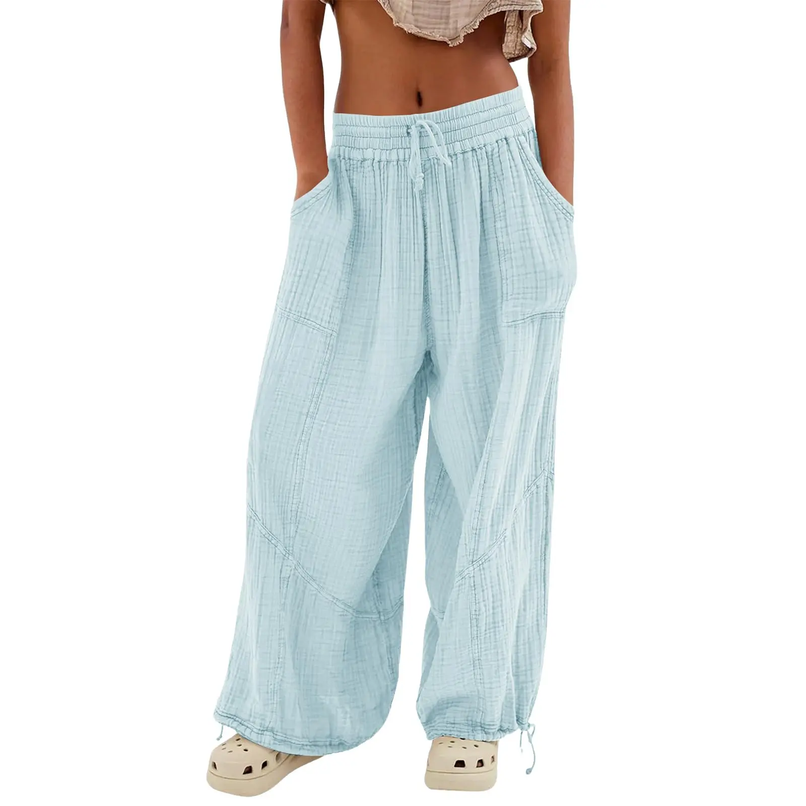 utcoco Women's Cotton Pants, Casual Baggy Wide-Leg Fit, Solid Trousers with a High Drawstring Waist and Pockets, Lightweight for All Season Wear,back to school shopping, Fashion Apparel, High Waist Smooths The Line