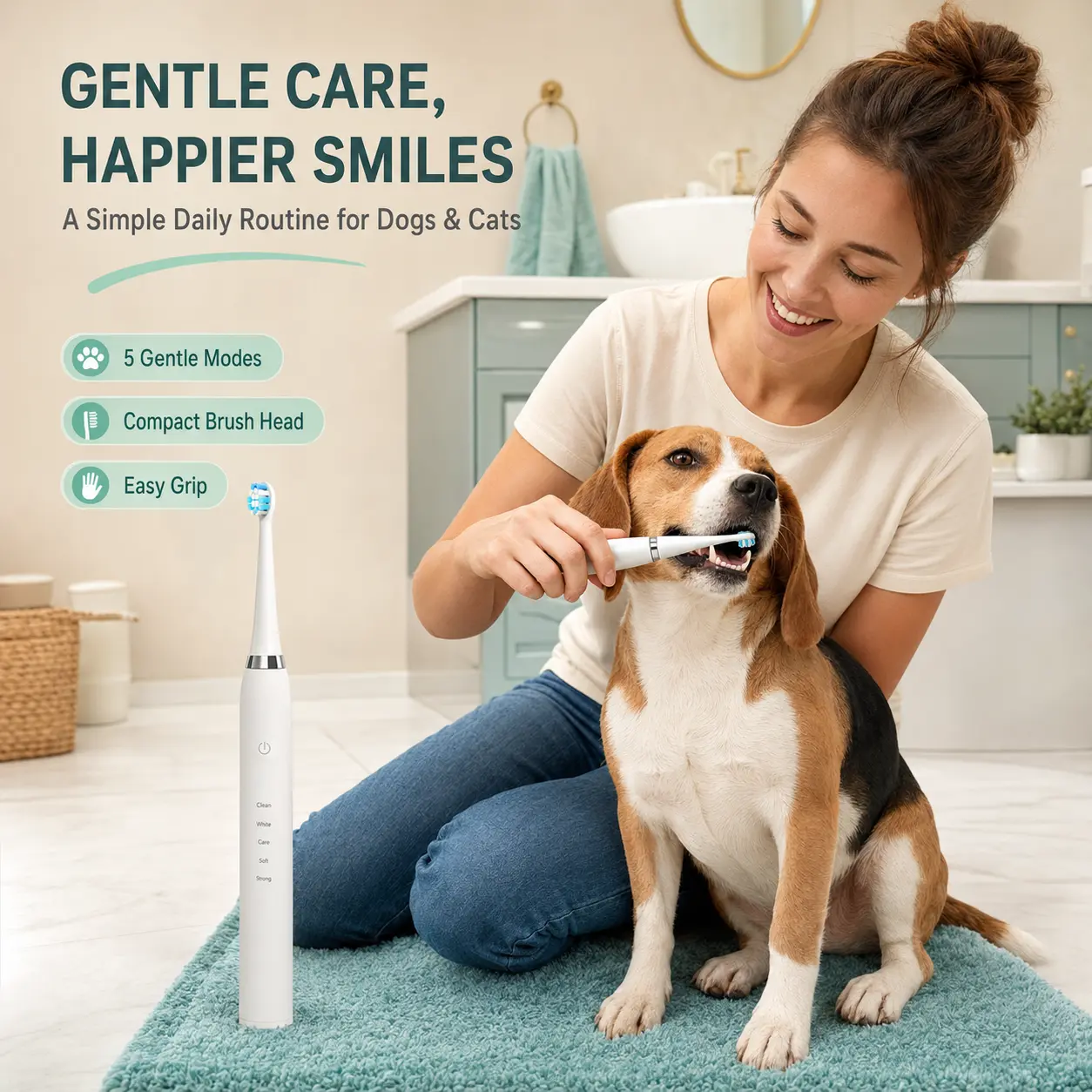 Pet Electric Oral Care Set for Dogs & Cats, 5-Mode Rechargeable Dog Teeth Cleaning Kit with Interchangeable Brush Heads, Plaque & Tartar Cleaner for Fresh Breath