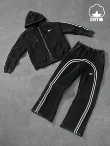 Men's Striped Washed Sportswear Set, Streetwear Tracksuit Set, Street Style Vintage Comfort Design, Casual Trendy Graphic Long Sleeve Fitted Top & Bottoms