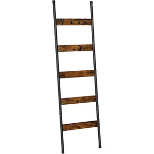 Blanket Ladder, 5-Tier Towel Rack with Hooks, Wall-Leaning Blanket Rack, Decorative Display Ladder Shelf, for Scarves, Industrial, Living Room, Bedroom, Rustic Brown and Black BF52CJ01