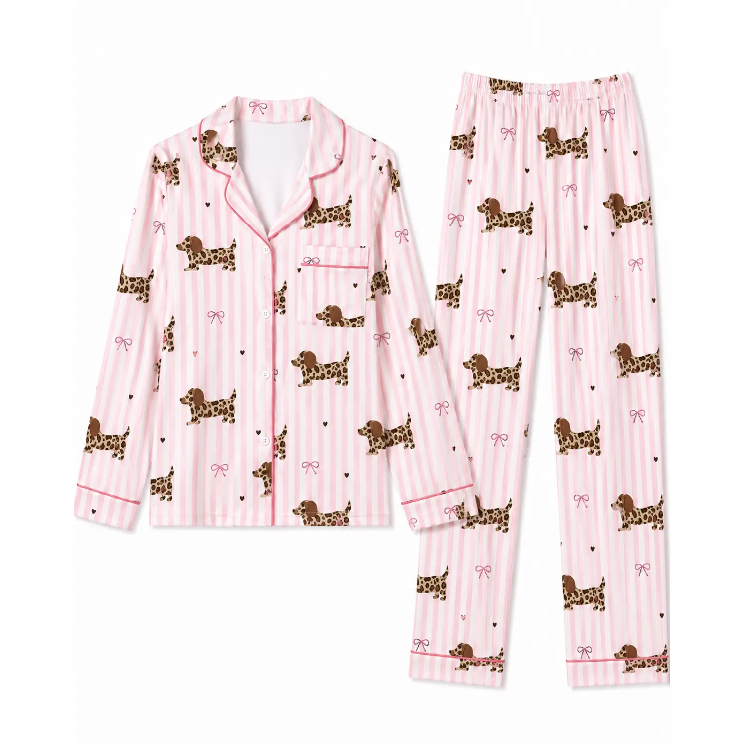 Cozy Pink Striped Long-Sleeve Pajama Set with Dachshund Prints and Bows, Ideal for Fall & Winter Wear