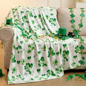 St. Patrick's Day Shamrock Throw Blanket 50"x60" Soft Warm Lucky Irish Clover Plush Flannel Decorative Spring Blanket for Living Room Couch Bedroom Bed, Romantic Gift for Mom Wife Girlfriend