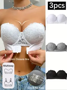 Women's multi-color soft breathable lace front buckle bra bra with steel ring gathered and comfortable, suitable for backless and shoulder-free daily wear in all seasons