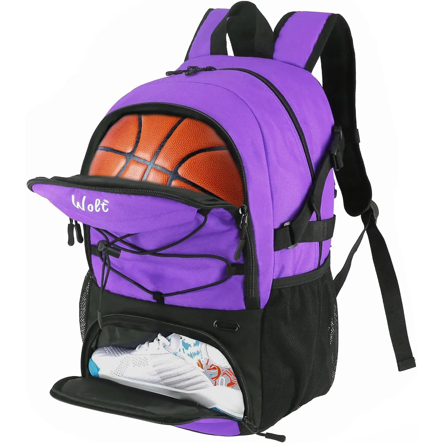 Wolt Basketball Backpack for Adults & Youth, Contoured Oxford Fabric Sports Bag with Ball & Vented Shoes Compartment, Padded Straps, Cushioned Back, and Pockets for Bottles, Extensible Cord, Football