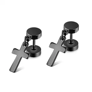 Stainless Steel Men's Stud Earrings Cross Earrings Round Cake Barbell Ear Buckles Hip Hop Hip Hop Earrings