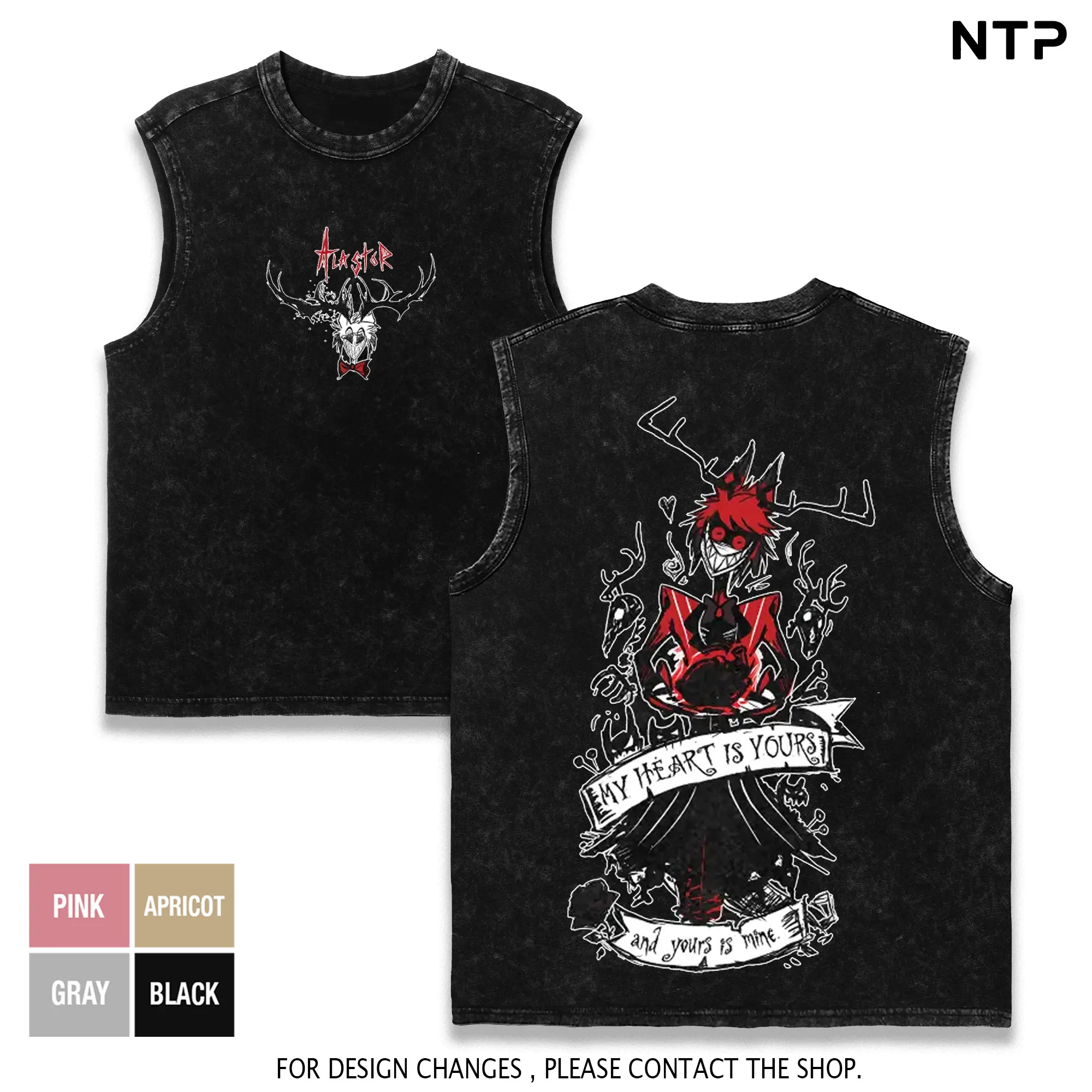 Alastor Hazbins Hotel Vintage Washed Tanktop 2 Sided Cotton unisex graphic tees game anime manga movie Menswear Casual gamer streetwear fit Soft Top