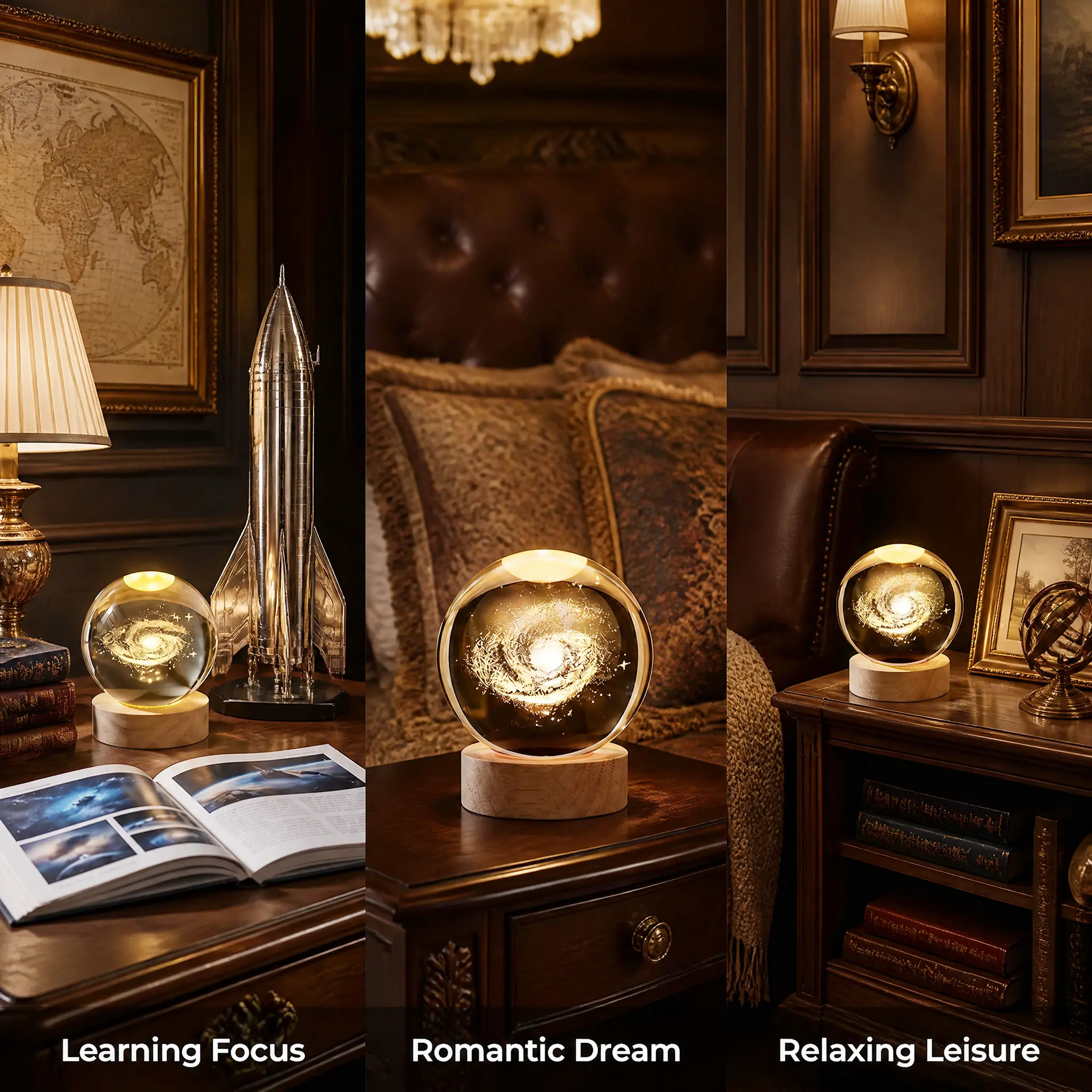 Luminous 3D Galaxy Crystal Ball Night Light with Wooden Base - Warm Ambient Glowing Lamp for Aesthetic Room Decor & Perfect Gift