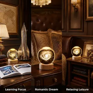 Luminous 3D Galaxy Crystal Ball Night Light with Wooden Base - Warm Ambient Glowing Lamp for Aesthetic Room Decor & Perfect Gift