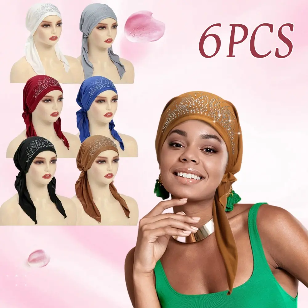 Women's 6pcs Stretchy Pre-Tied Rhinestone Neck Scarf & Solid Color Turban Cap - Sports & Outdoor Head Accessory (Head Wrap, Bandana, Beanie, Durag, Skull Cap Headband)