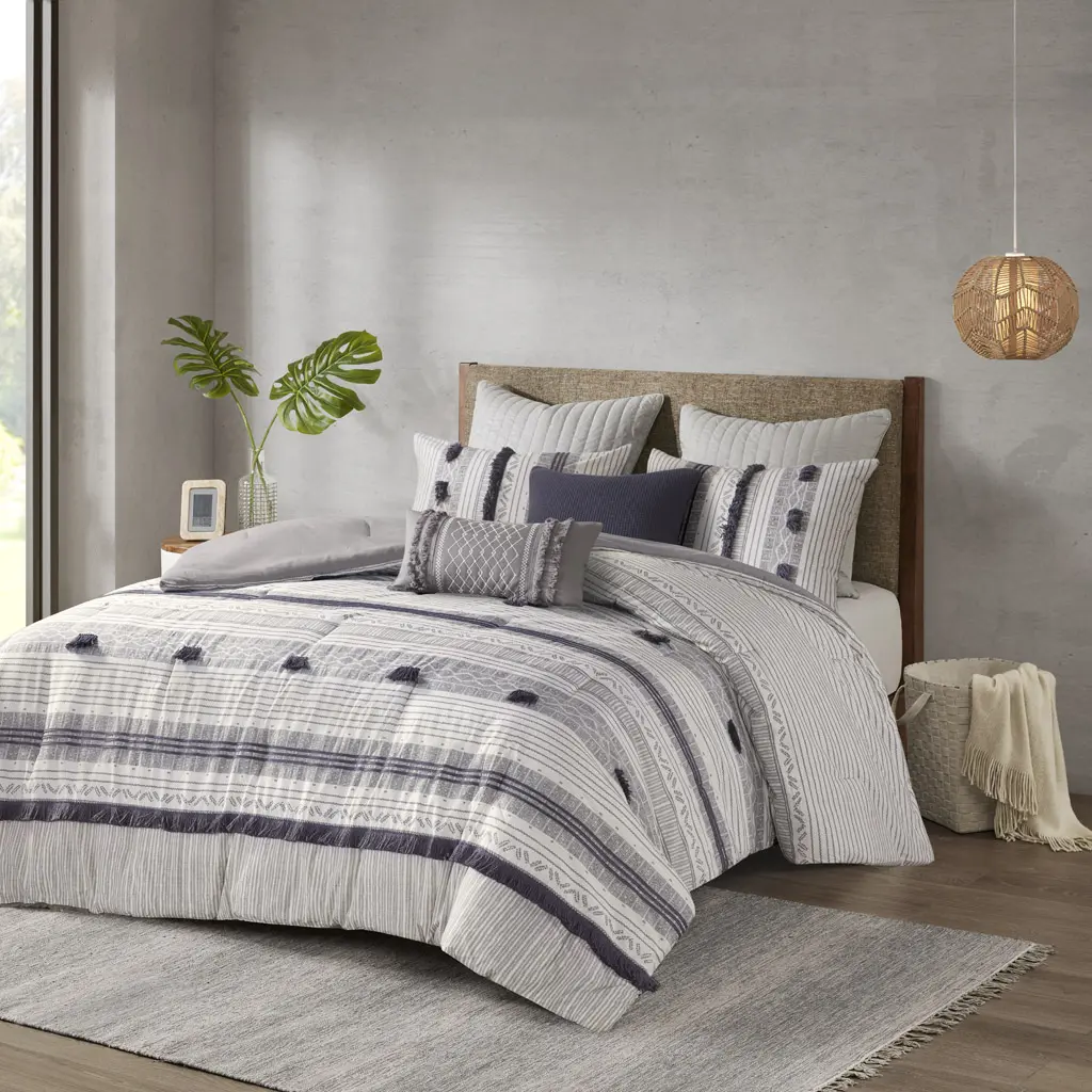 INK+IVY Cody Cotton 3-Piece Bedding Set - Geometric Transitional Design, Fringe Tassel Trim, Pom Accent, Breathable All-Season Bedding with Matching Shams, Queen Size Option, Bedding Sets, Queen Bedding Sets