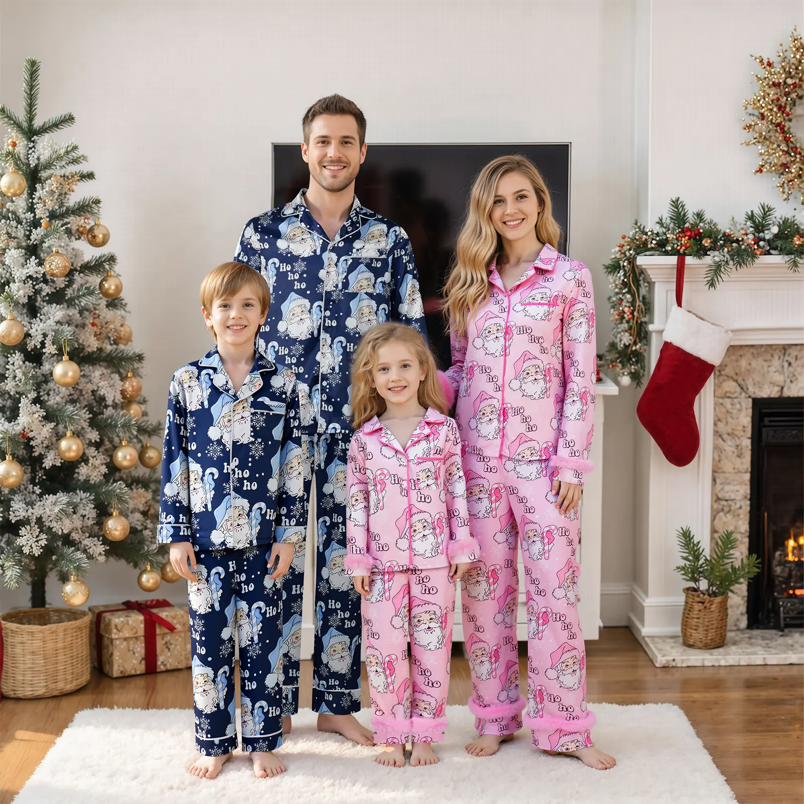 Matching Family Christmas Pajamas Set - Santa Letter Print Satin Sleepwear for Dad, Mom & Kids - Cozy Holiday PJs Gift for the Entire Family,Pink\Blue