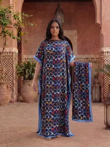 Elegant Boho Style Long Robe Set, Multicolor Geometric Print Matching Shawl Dress + Headscarf Scarf, Women's Beach Sun Protection Satin Silk Bohemian Outfit