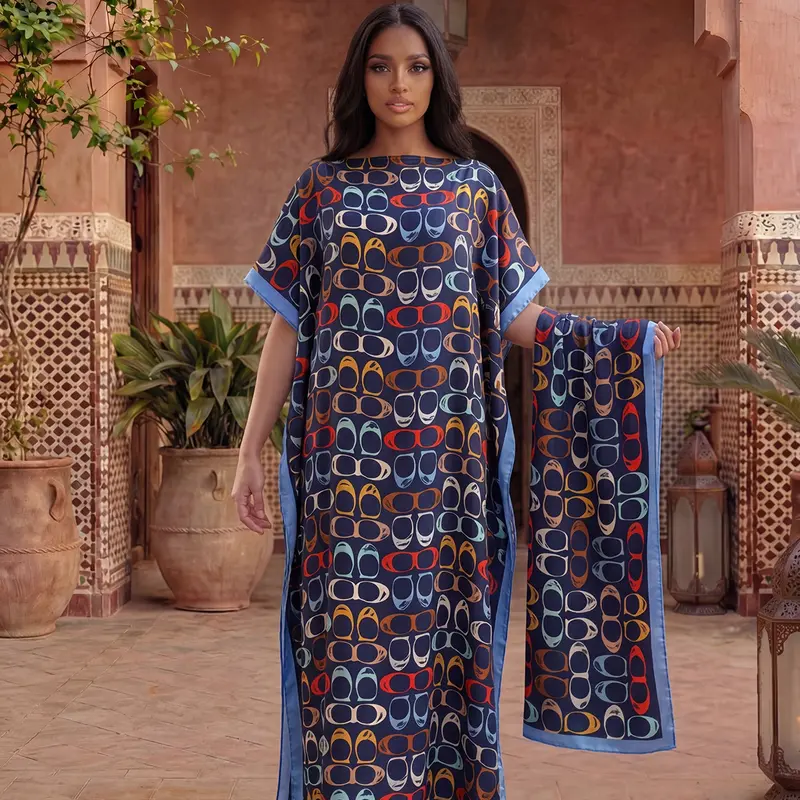 Elegant Casual Chic Boho Style Long Robe Set, Multicolor Geometric Print Matching Shawl Dress + Headscarf Scarf, Women's Summer Beach Sun Protection Satin Silk Bohemian Fitted Outfit Boho Casual Fashion Lady
