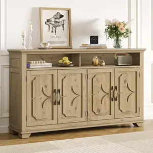 【AprilStockUp&Mother'sDay】ONBRILL 60 Inches Sideboard Buffet Cabinet with Storage, Large Credenza with 4 Carved Doors, Open Storage Shelf, Adjustable Shelves, Coffee Bar Cabinet for Kitchen, Living Room