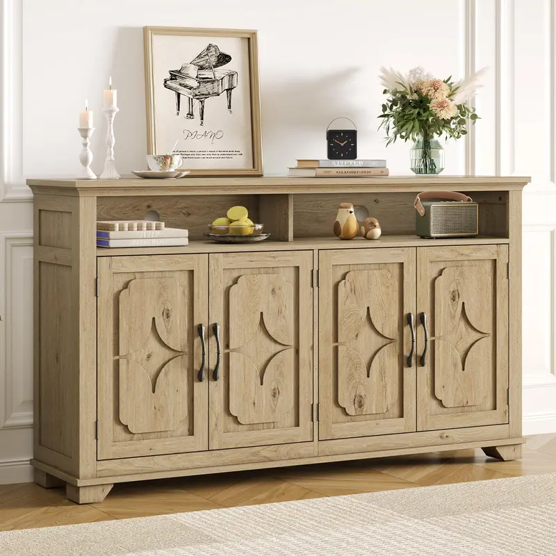 【SPRING GLOW UP】ONBRILL 60 Inches Sideboard Buffet Cabinet with Storage, Large Credenza with 4 Carved Doors, Open Storage Shelf, Adjustable Shelves, Coffee Bar Cabinet for Kitchen, Living Room