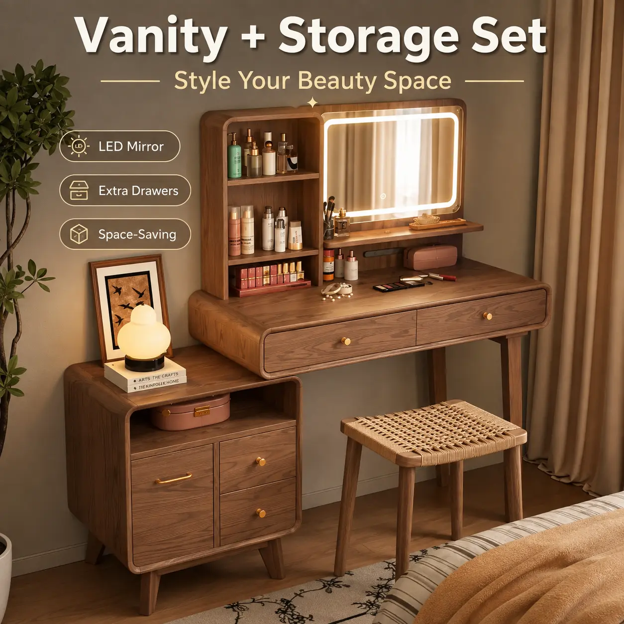 Solid Wood Makeup Vanity Desk with LED Mirror, Integrated Storage Cabinet, Drawers and Stool, Multifunctional Dressing Table for Bedroom
