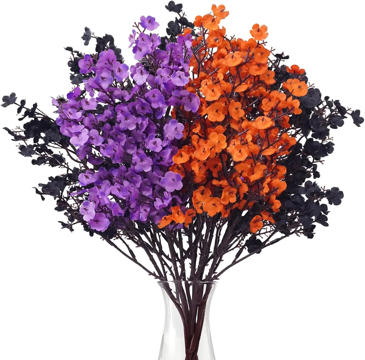 6 Pcs Halloween Artificial Baby's Breath Flowers, Black & Purple & Orange Faux Gypsophila Flowers, Real Touch Silk Flowers for Cemetery Decor, Haunted House Party, Spooky Centerpieces