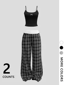 Y2K Aesthetic Two-Piece Set: Bow Strap Top & Plaid Loose Jogger Pants Set | 2025 Summer Trendy Outfit! Soft, Fitted Crop Top & High-Waist Casual Pants — Perfect for Street Style / Comfortable Casual Look. #TwoPieceSet #Y2KFashion #PlaidPants #SummerOutfit