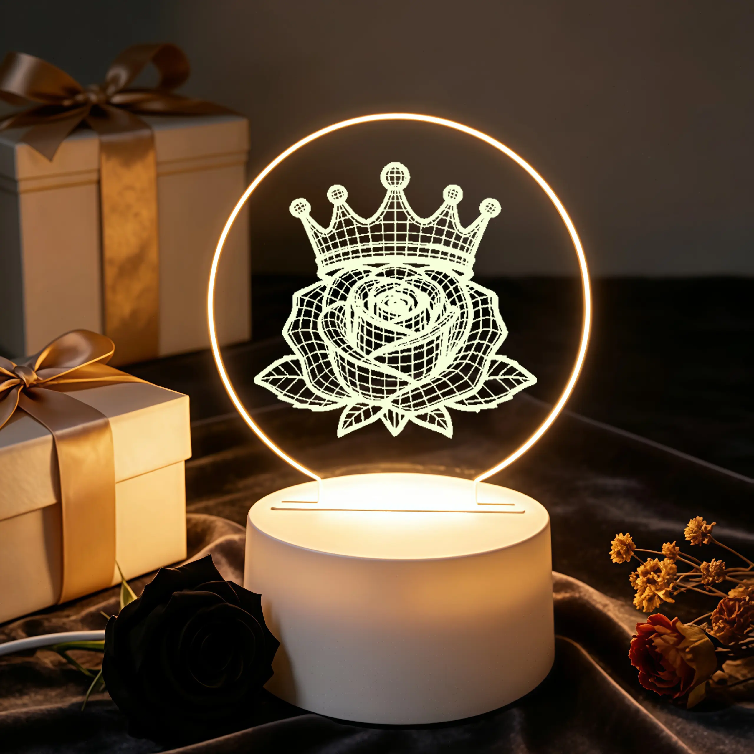 Queen Crown Rose Gifts for Birthday Valentine’s Day Mother’s Day Christmas, Round Engraved Acrylic Night Light Elegant Keepsake Present for Women Wife Mom Girlfriend