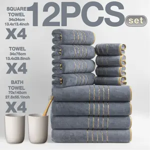 12 Pcs Coral Fleece Bath Towel Set - Super Absorbent Soft Comfortable, Gold Striped, Includes 70x140cm (Extra Long) Bath Towels, 35x75cm Towels & 34x34cm Square Towels for Home