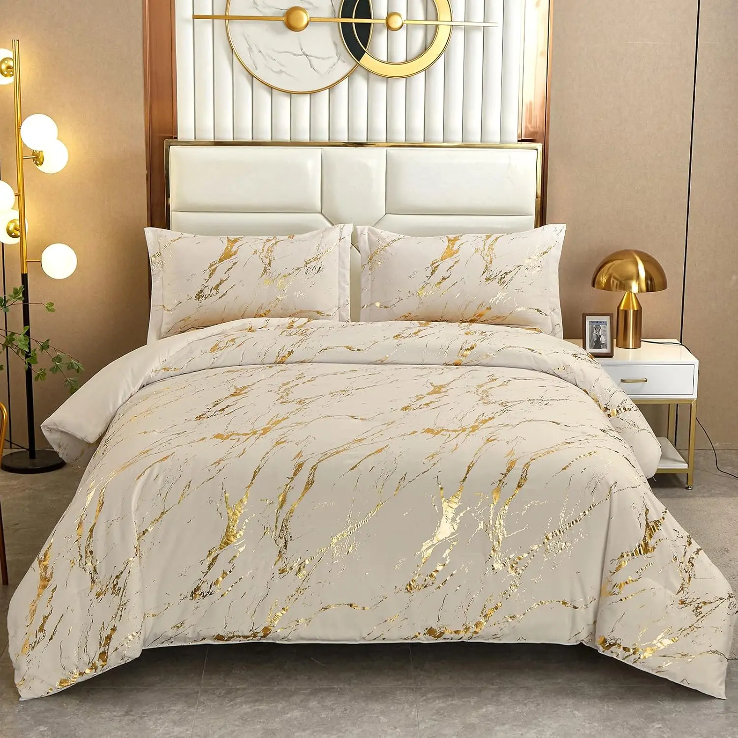 Khaki  Metallic Marble Comforter Set  Foil Print Glitter  Sets with 2 Pillowcases for  Seasons, Soft Microfiber  Set 103"x90"