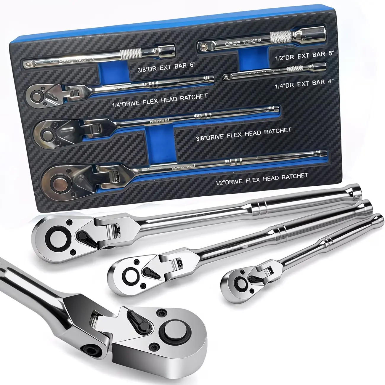 【summerfinds】Nanwei 3/6pcs Professional Flex Head Ratchet Set with Extension Bars - 1/4", 3/8", 1/2" Drive, 72-Tooth Swivel Head & Quick-Release Mechanism Suitable for Automotive, Repairs,, Gift for Professionals