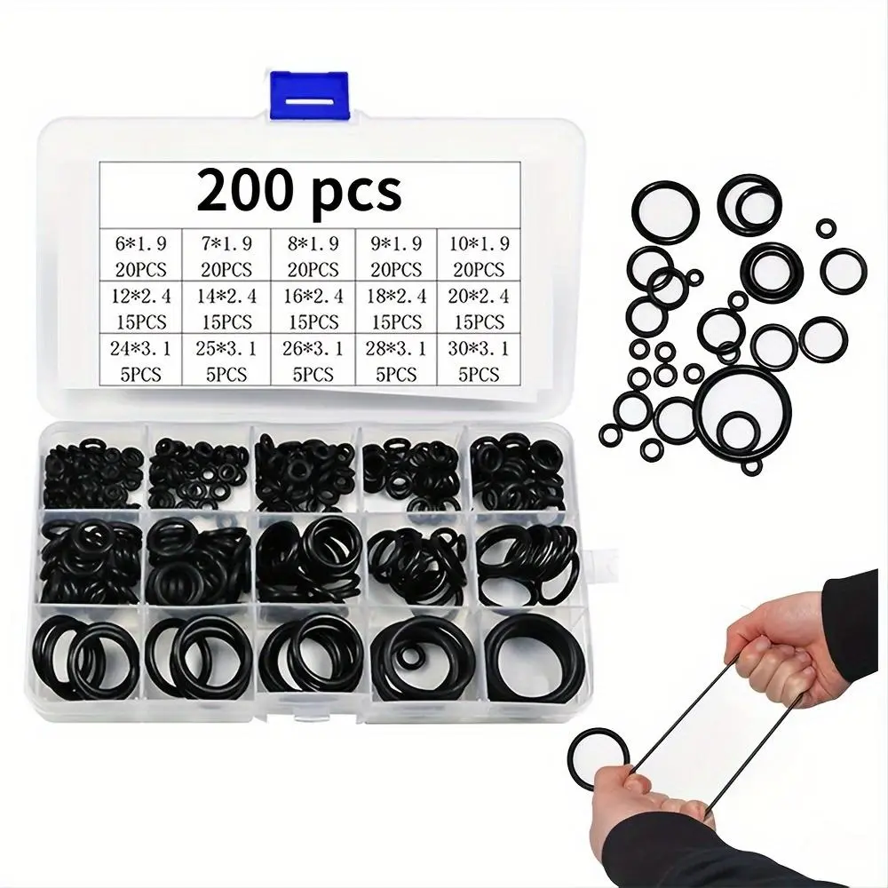 15 Kinds 200Pcs Boxed Nitrile Silicone Rubber Heavy Duty O-ring Repair Kit Faucet Sealing Valve Waterproof Machine Oil-resistant Gasket Combination Kit Parts