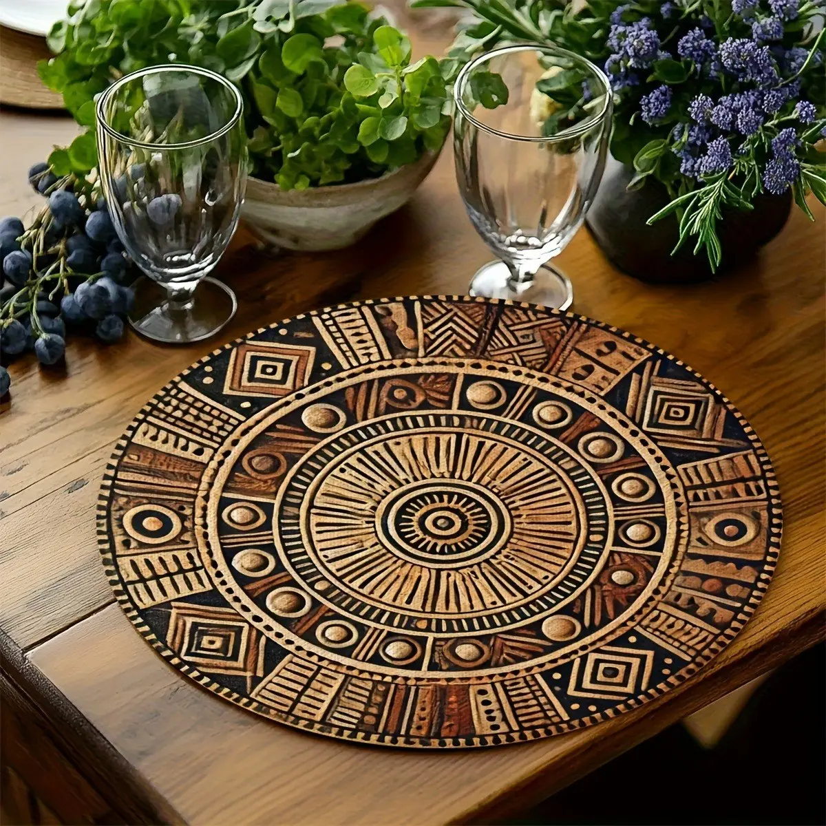 Set of 4 African Mud Cloth Round Placemats, 15 Inch Handmade Table Mats, Natural Colors & Classic Geometric Patterns, Kitchen Decor, Artisan