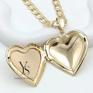 Yordy Cuban link necklace with opening locket heart pendant, 14k gold plated, high quality.
