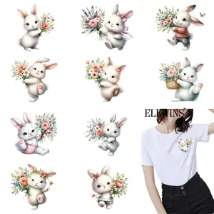 12 watercolor Easter bunny heat transfer patches for DIY T-shirts, jeans, hats, backpacks, no sewing required. Colorful bunny appliques.