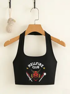 Hellfire Club Letter Print Halter Crop Top, Y2K Style Slim-Fitting Backless Vest, Sleeveless Lady's Top for Summer & Spring, Trendy Retro Streetwear