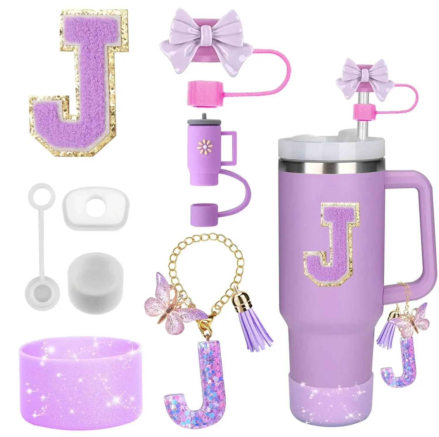 8PCS Accessories Set for Stanley Cup Purple 30Oz 40Oz Tumbler Silicone Straw Topper Cover Cap Boot Handle Charm Initials Sticker NONE