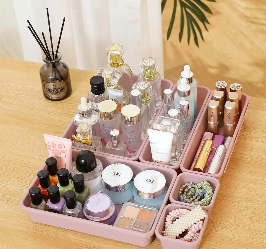 16 PCS Eco-Friendly Modern Rectangle Plastic Drawer Organizer Boxes - 3 Different Sizes, Divided Compartments, Multifunctional Storage Bin for Bathroom Vanity, Kitchen Gadgets