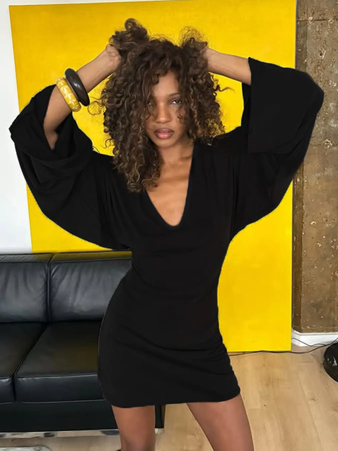 fit and flare bodycon dress Long Flared Sleeve Drape Detail Mini Bodycon Dress In Black Slinky | EGO US