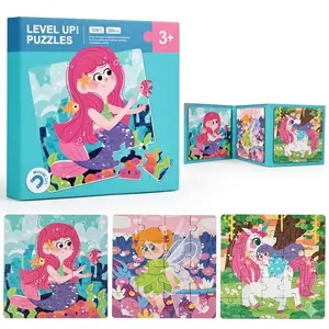 Kids Magnetic Jigsaw Puzzle Book, 3 Themes in 1 Foldable, 50pcs Level Up colorful educational Montessori  Puzzles, Fairy Tale Travel Puzzle Toys for Preschool Boys & Girls to boost early learning & motor skills